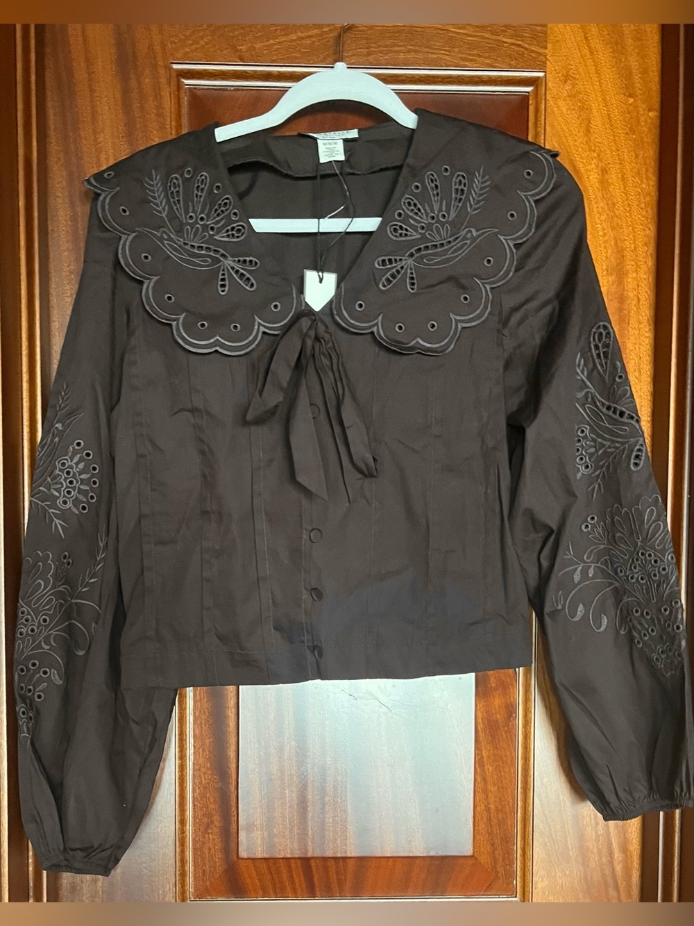 FARM Rio Black Embroidered Scalloped Collar Blouse